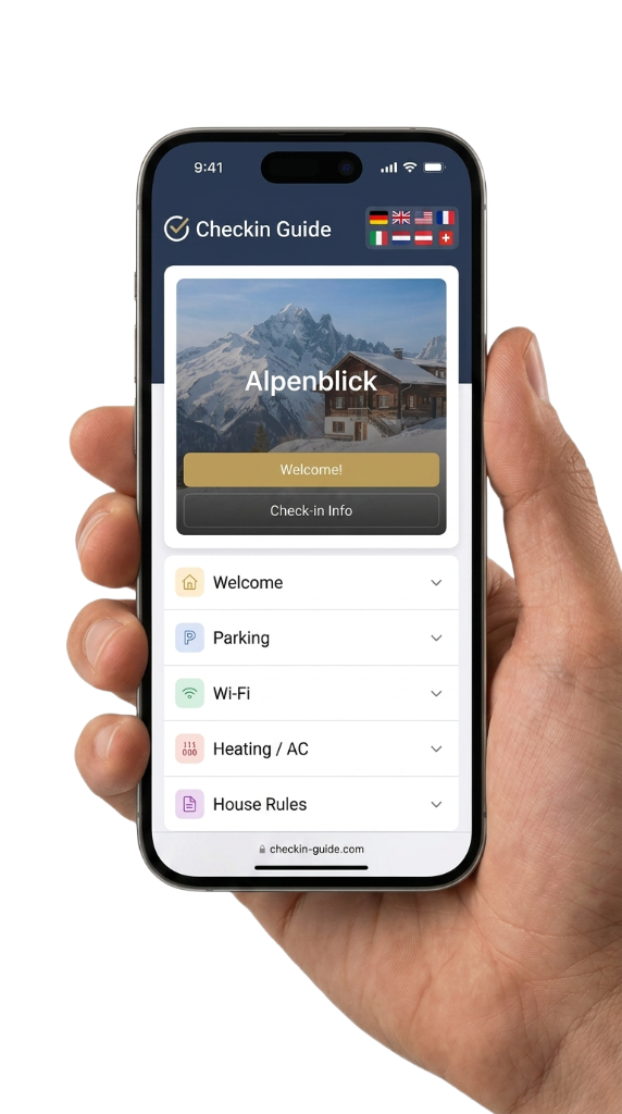 Smartphone showing the CheckIn Guide digital guest guide with check-in details, WiFi password and key box code for a vacation rental