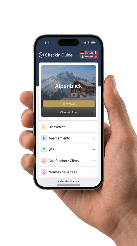Smartphone con la gu&iacute;a digital CheckIn Guide para un apartamento tur&iacute;stico &ndash; informaci&oacute;n de check-in, caja de llaves y WiFi accesibles por c&oacute;digo QR, sin descarga de app