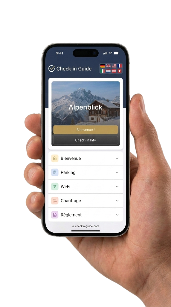 Smartphone affichant le guide num&eacute;rique CheckIn Guide pour une location de vacances &ndash; check-in, bo&icirc;te &agrave; cl&eacute;s et WiFi accessibles par QR code, sans t&eacute;l&eacute;charger d'appli