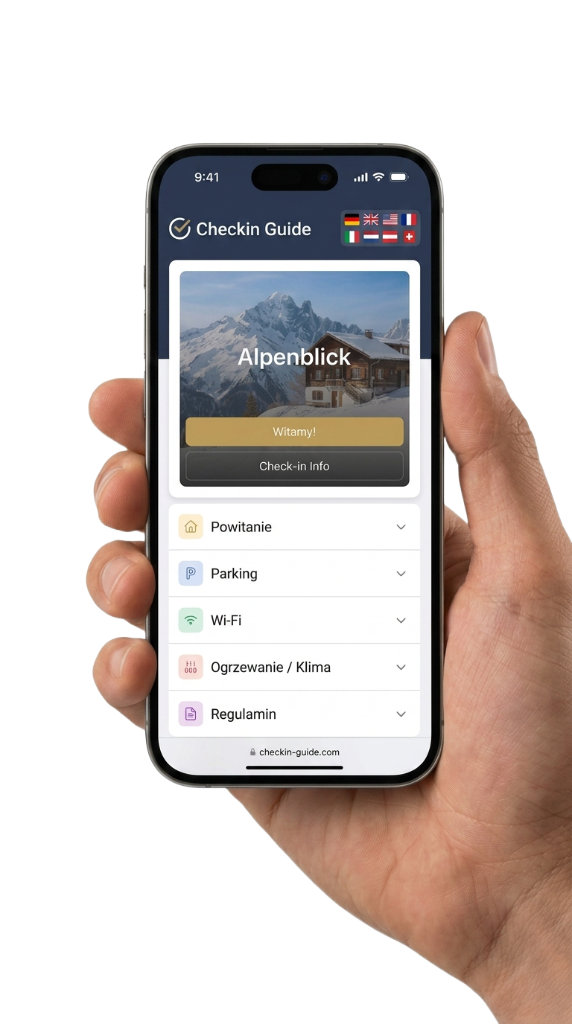 Smartfon z cyfrowym przewodnikiem CheckIn Guide w apartamencie wakacyjnym — instrukcje zameldowania, hasło Wi-Fi i kod skrzynki na klucze dostępne przez kod QR, bez pobierania aplikacji